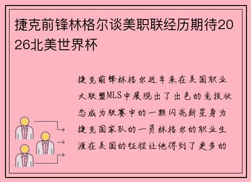 捷克前锋林格尔谈美职联经历期待2026北美世界杯